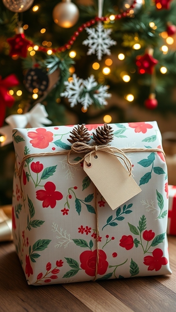 A creatively wrapped Christmas gift with festive decorations under a Christmas tree.